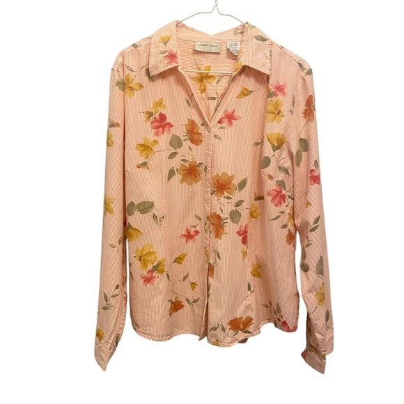LEMON GRASS Women's size XL pink peach cotton long sleeve button up floral top - Picture 2 of 5